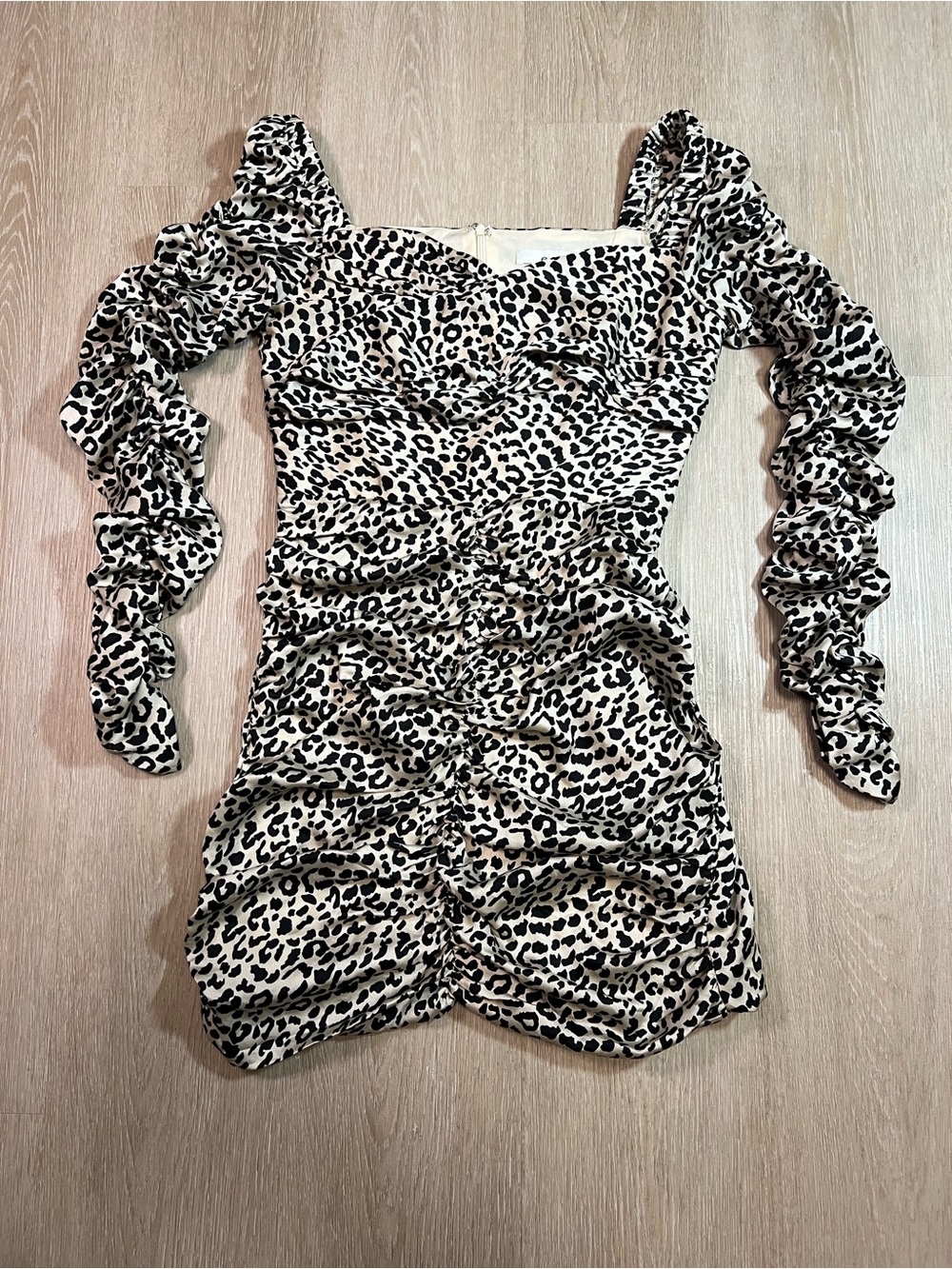 Leopard Print Ruched Long Sleeve Bodycon Dress Chetah Y2K Chic Women's Small